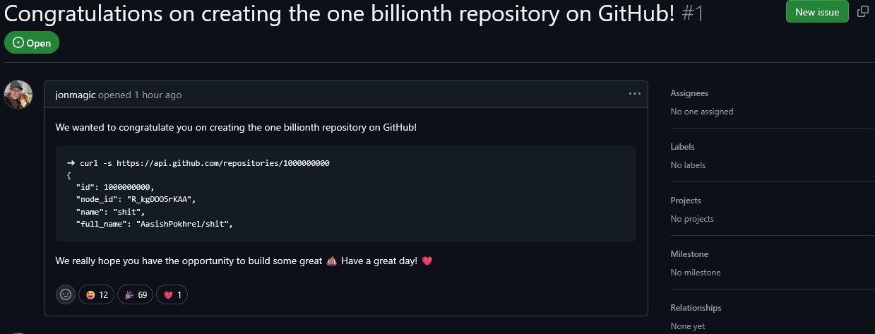 The 1,000,000,000th repository in GitHub has been created! And it's something alright.